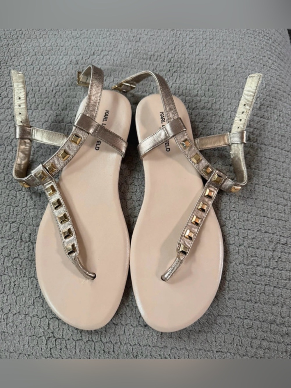 Karl Lagerfeld Metallic Gold T-Strap Sandals - Gold - women’s size 6.4